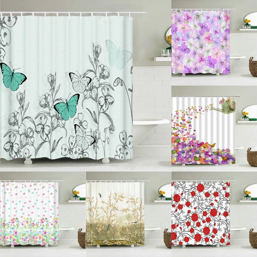 Beautiful Flowers Shower Curtain Bathroom Waterproof Shower Curtain Birds Butterfly Printing Curtains for Bath Shower With Hooks