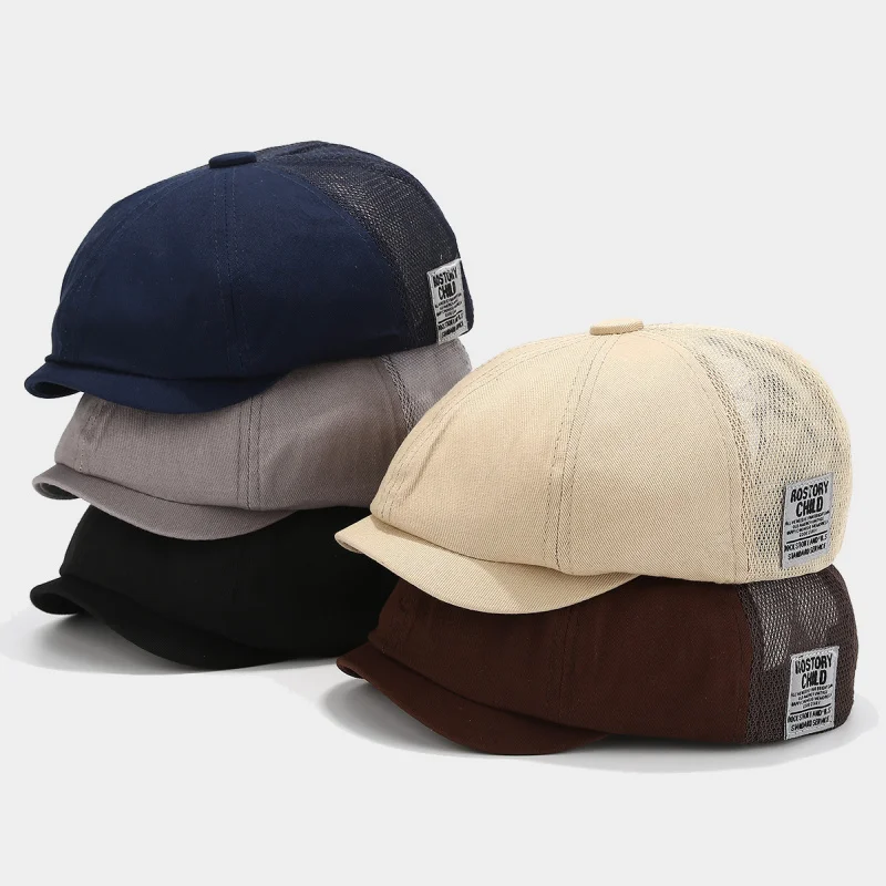 Men Women Mesh Spliced Flat Cap Summer Breathable Newsboy Beret Hat Casual Short Brim Cap