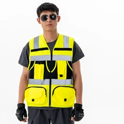 Safety Vest Hi Vis Reflective Vest Silver Stripe Oxford Cloth Multi-Pocket Workwear Outdoor Sports Riding Safety Clothing