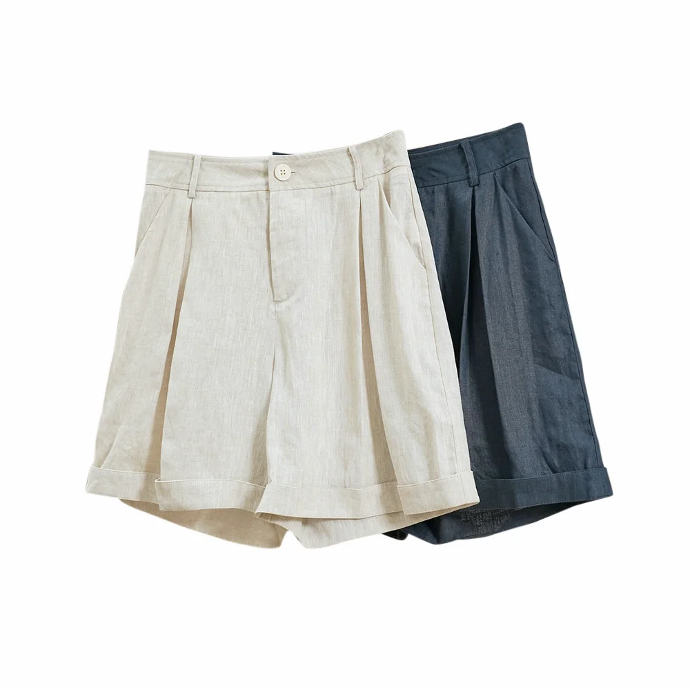 Pantalones cortos rizados de lino para mujer, Shorts holgados de pierna ancha, informales y delgados, estilo coreano, Verano