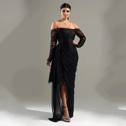 Customized Black Lace Prom Dress Sexy Cocktail Dresses Split Off Shoulder Party Evening Pleated Long Sleeveless Saudi Arabia