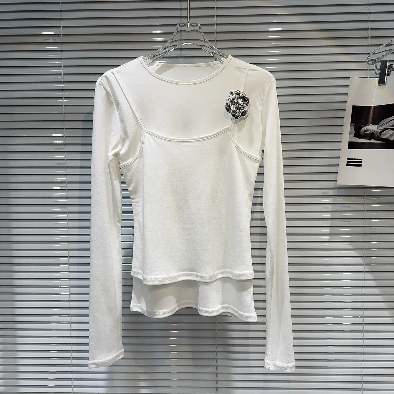 

Модная металлическая булавка с цветком Long Sve Base Layer Mo, двухсекционная футболка для молодых женщин Ele Sle, хлопковая круглая футболка Ne Spring