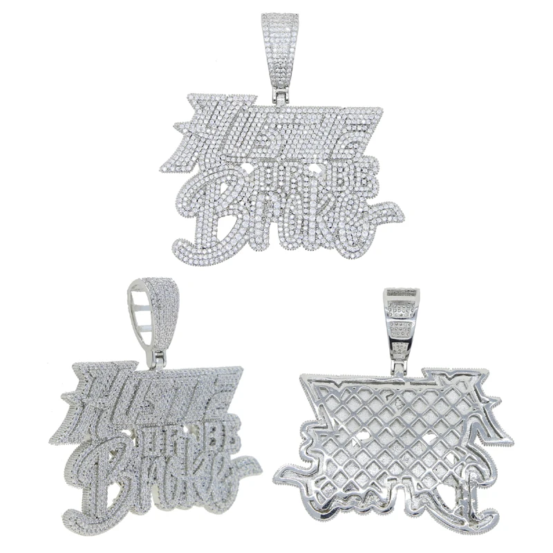 Iced Out Bling Men Jewelry Micro Pave 5A CZ Gold Color Rock Punk Hip Hop Letter Hustle Or Be Broke Pendant Necklace