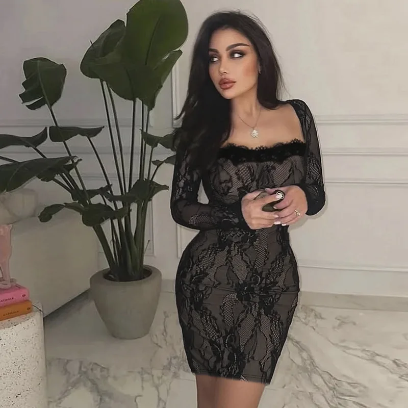 

Lace Square Neck Long Sleeve Dress Autumn New Bodycon Dress Women