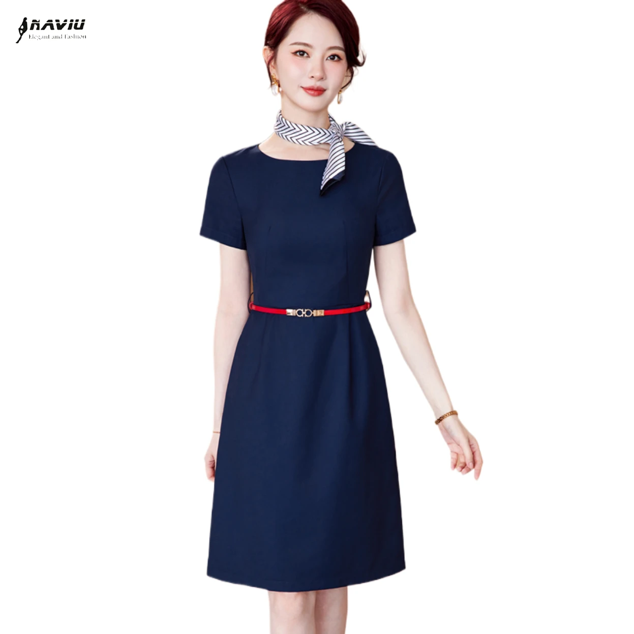

NAVIU New Fashion Ladies Navy Blue Formal Occasion A LINE Dresses Women Clothes Elegant Office Commute Short Sleeve Slim Dress