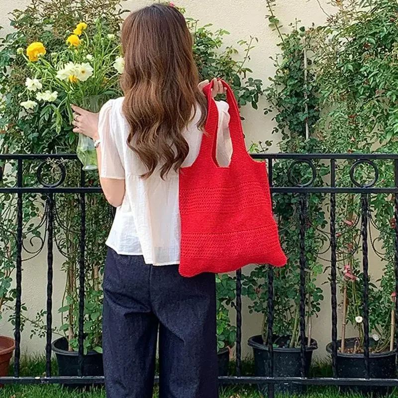 

Korean Summer Simple Style Mesh Handbag Shopping Hollow Out Beac Bag Knit Shoulder Bag Women's Large Capacity Totes