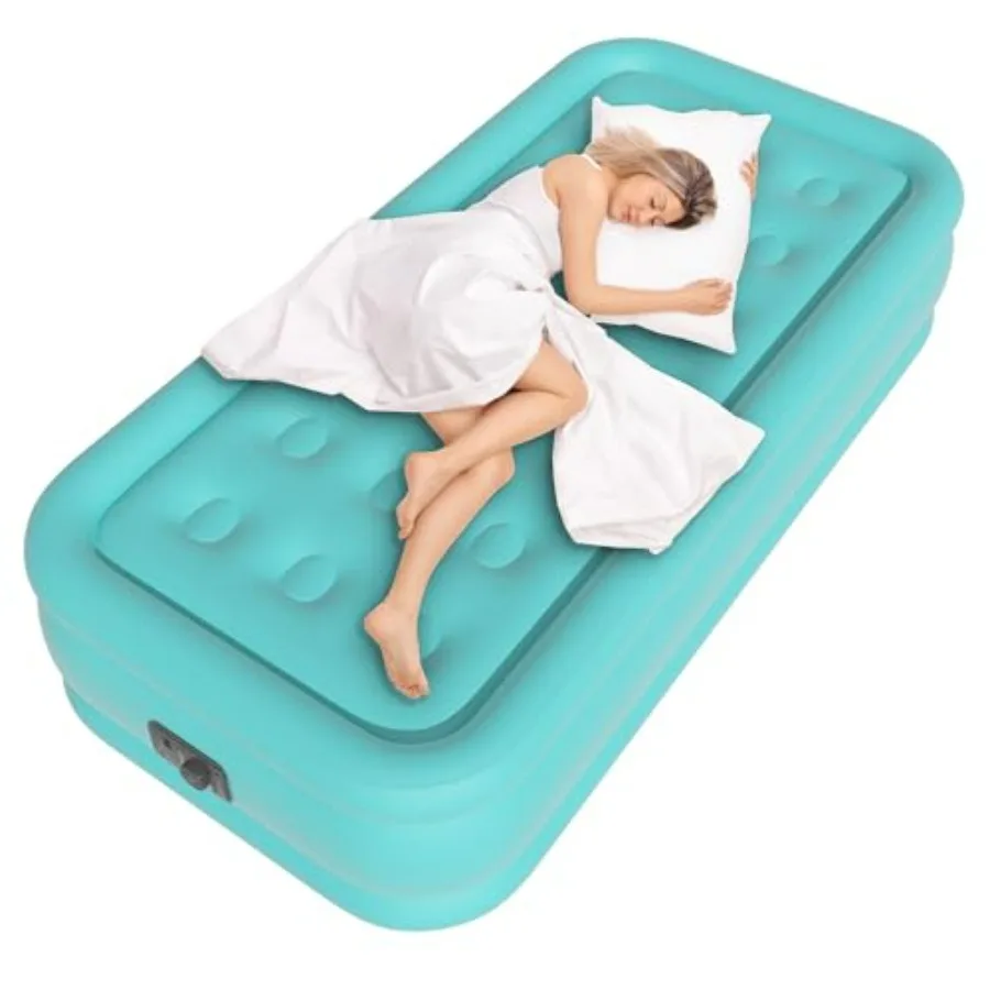 

Twin Air Mattress with Built-in Pump for Home and Guests, Flocked Top, Turquoise Green, 18 Queen Size