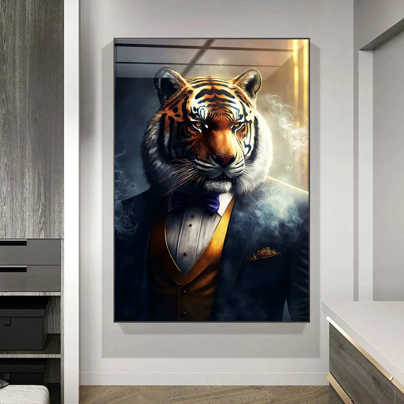 Suit Gentleman Tiger Posters and Prints Canvas Painting Festival Gift for HerHim Wall Art Pictures Home Bar Room Decoration