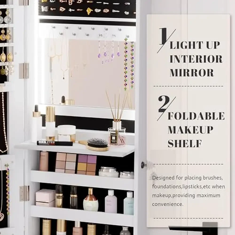 LED Jewelry Mirror Cabinet Wall/Door Mounted Armoire Organizer with Full Length Mirror Large Storage Capacity & Lockable System