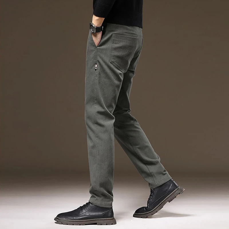 男性冬暖かい弾性スーツパンツ男性フリース裏地肥厚ブレザーパンツスリムフィット多用途レギュラーカジュアルズボン