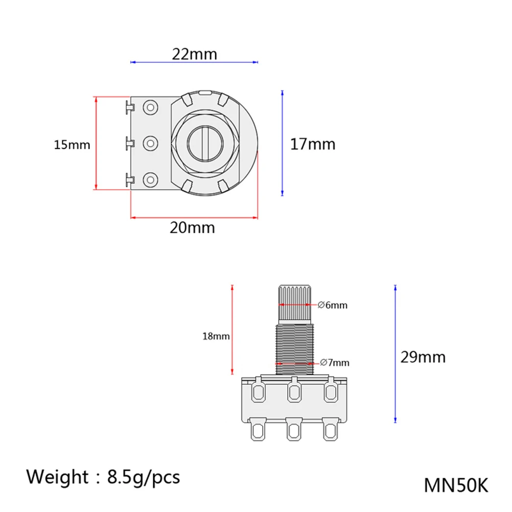 

Guitar Accessory Long Knurled MN500K Split Shaft Audio Taper Potentiometer Dual Pot for Volume or Tone