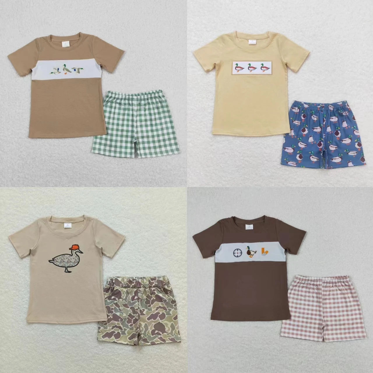 

Wholesale Baby Boy Summer Sets Toddler Short Sleeves Cotton Embroidery T-shirts Ducks Tee Kids Plaid Camo Shorts Children Outfit