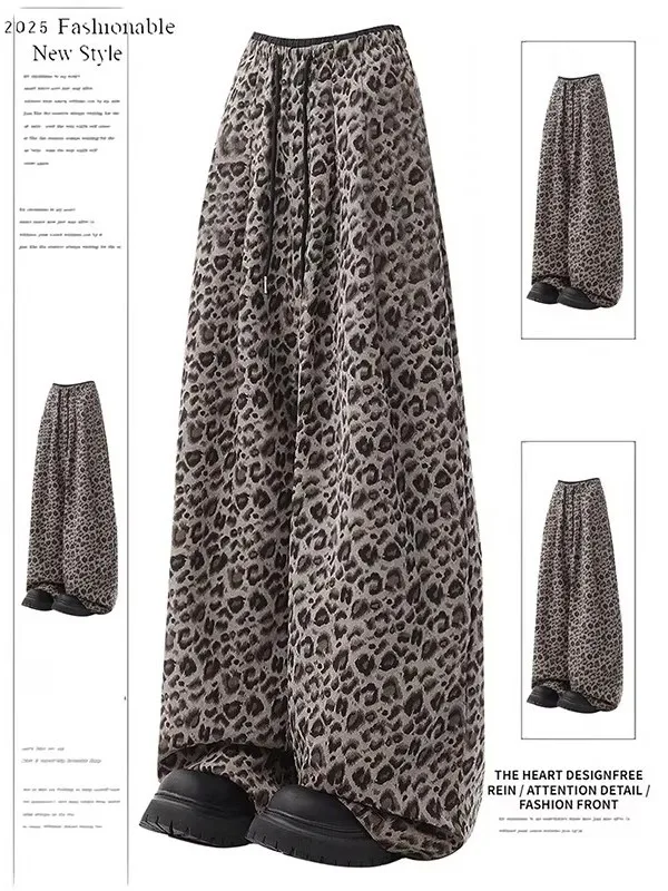 

Мужские повседневные брюки больших размеров с леопардовым принтом в американском ретро-стиле, широкие штанины, высокая талия, свободный крой, весна-осень, длинные брюки