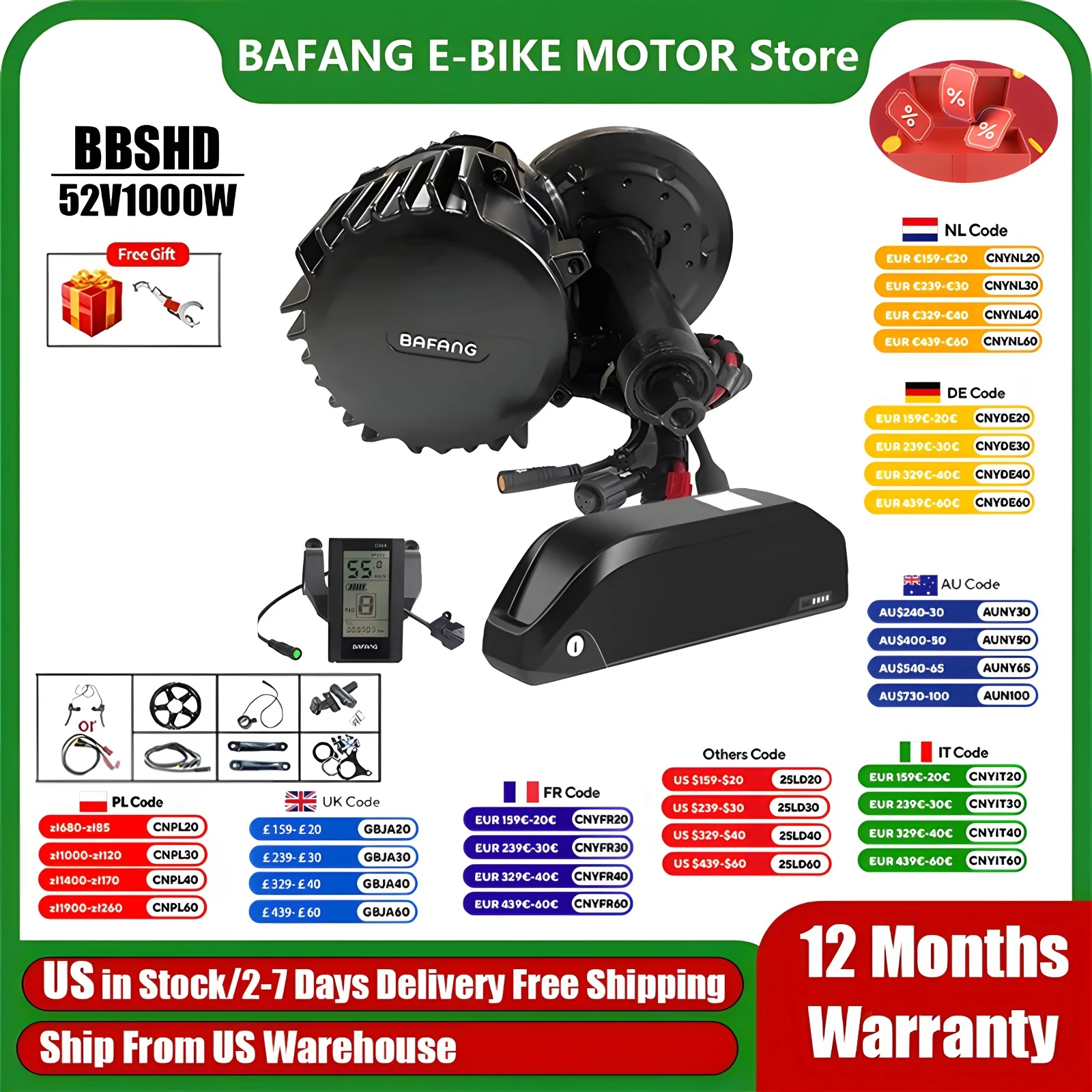 BAFANG BBSHD 1000W 52V Mid Drive Motor Bicycle Electric Bike Conversion Kit with 52V 20AH Battery for E-bike