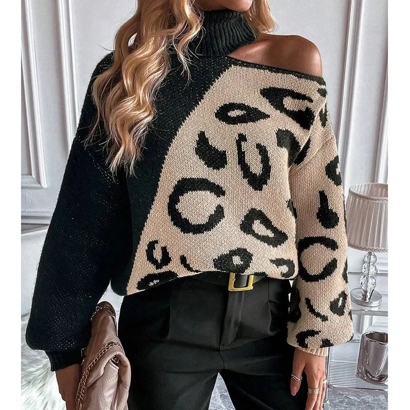 Leopard Print Patchwork Turtleneck Hollow Out Spell Color Knit Sweater for Autumn and Winter Women's New Sexy Off-the-shoulder