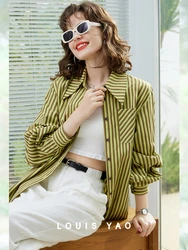 LOUIS YAO Women Shirt 2024 Spring New Retro Striped Blouses Turn Down Collar Long Sleeve Loose Fit Casual Fashion Women's Top