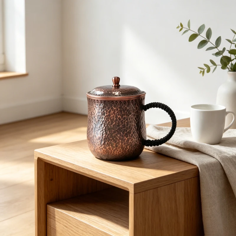 Solid Red Copper Drinking Cup, Hammered Anti Burn Handle Mug, Pure Copper Tea Tankard, Handmade Vintage Hammered Teaware