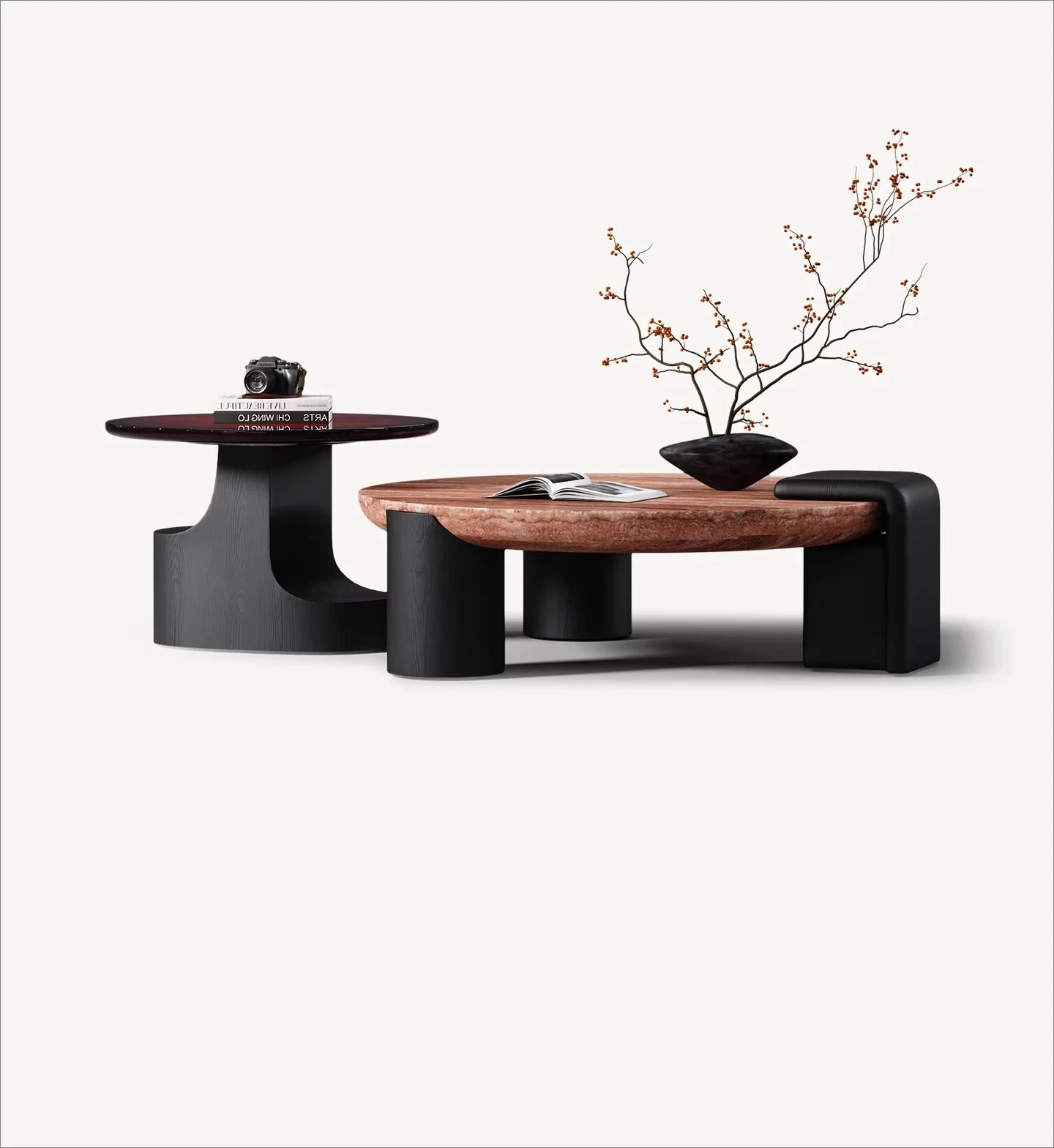 

Italian minimalist natural red travertine coffee table, living room home use, high-end round coffee table