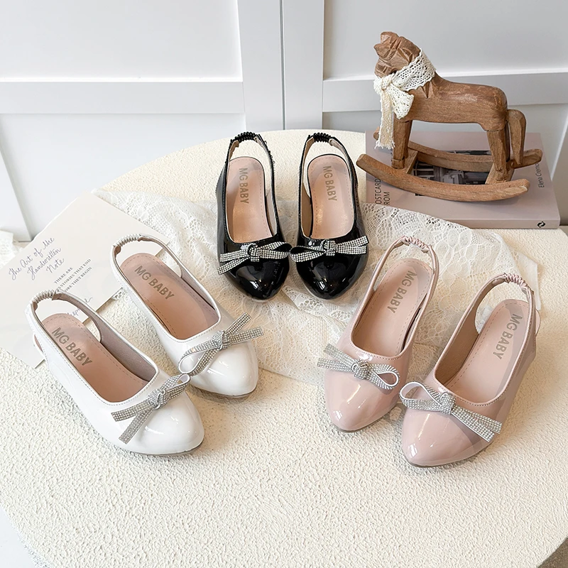 

Сандалии для девочек, летние детские кожаные туфли на высоком каблуке, детские нескользящие туфли принцессы со стразами и бантом для банкета, размер 27-37