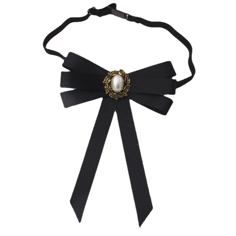 New Threaded Ribbon Bow Tie Brooch Korean College Style Women's Uniform Shirts Daily Clothing Accessories Imitation Pearl Bowtie