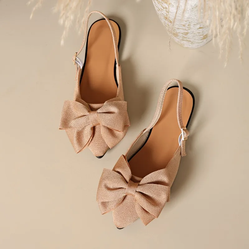 صنادل نسائية صيفية بفيونكة مسطحة باوتو 2025 جديدة بمقاس كبير بمقدمة مدببة وظهر فارغ