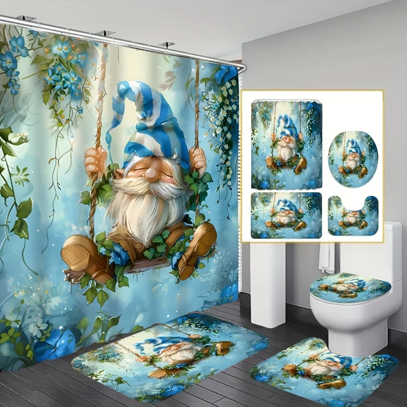 

Очаровательный садовый гном для сна на качелях, набор для ванной комнаты — водонепроницаемая занавеска для душа, крышка унитаза, коврик для ванной и контурный коврик