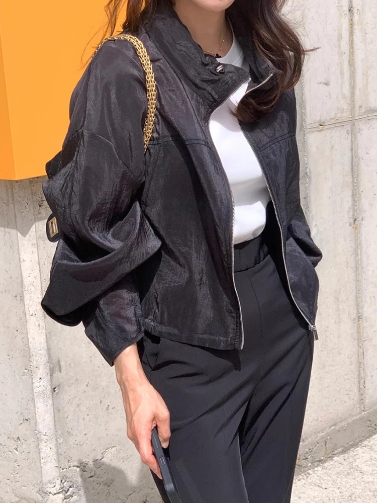 

Chic Summer High Ne Dstring Loose Fit Thin Zipper Long Sve Sun Protection Outerwear for Women Commute Sle