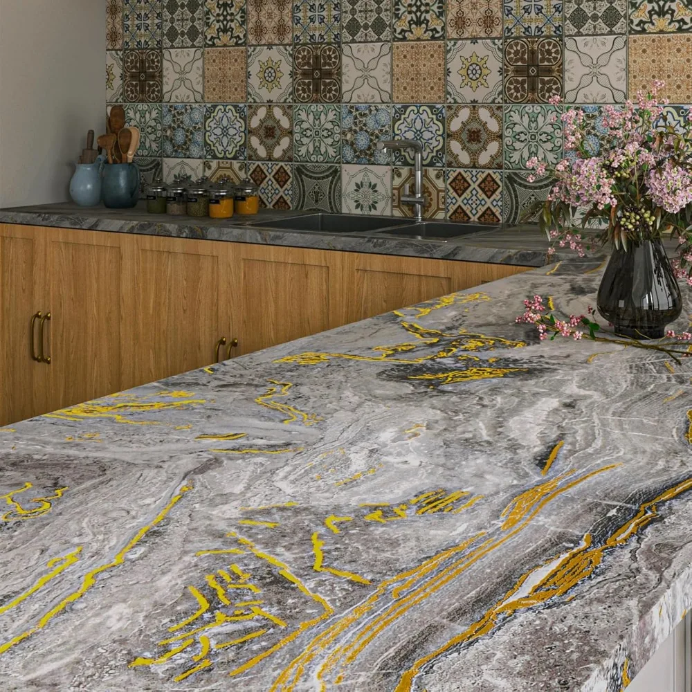 Matte Grey Gold Marble Effect Waterproof Contact Paper for Countertops and Cabinets, Liquid Marble Look, 36x160 Inches, Durable