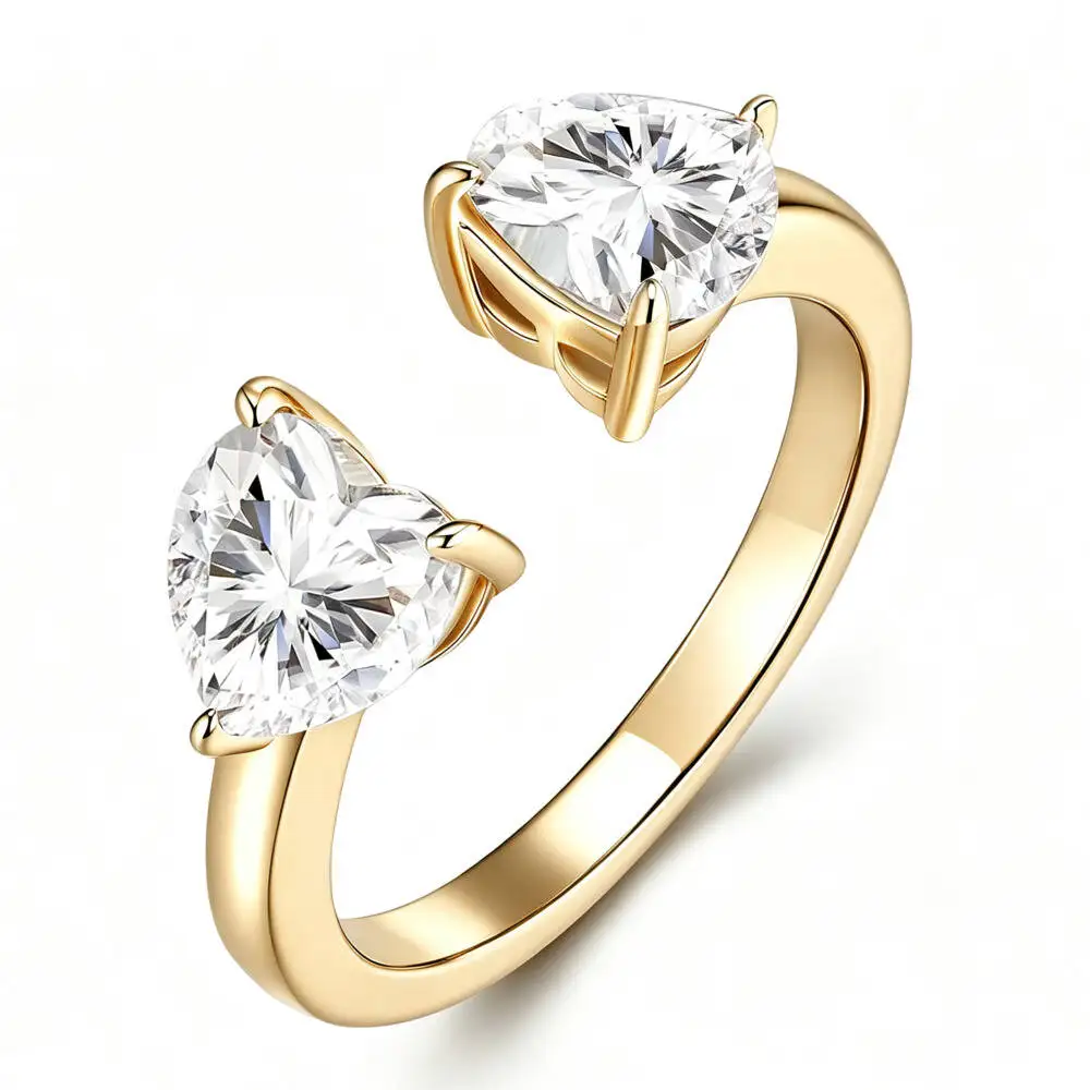 925 Sterling Silver 1CT Dual Heart Open Cuff Ring D VVS1 Moissanite Multi Tone Romantic Engagement Fine Jewelry For Women