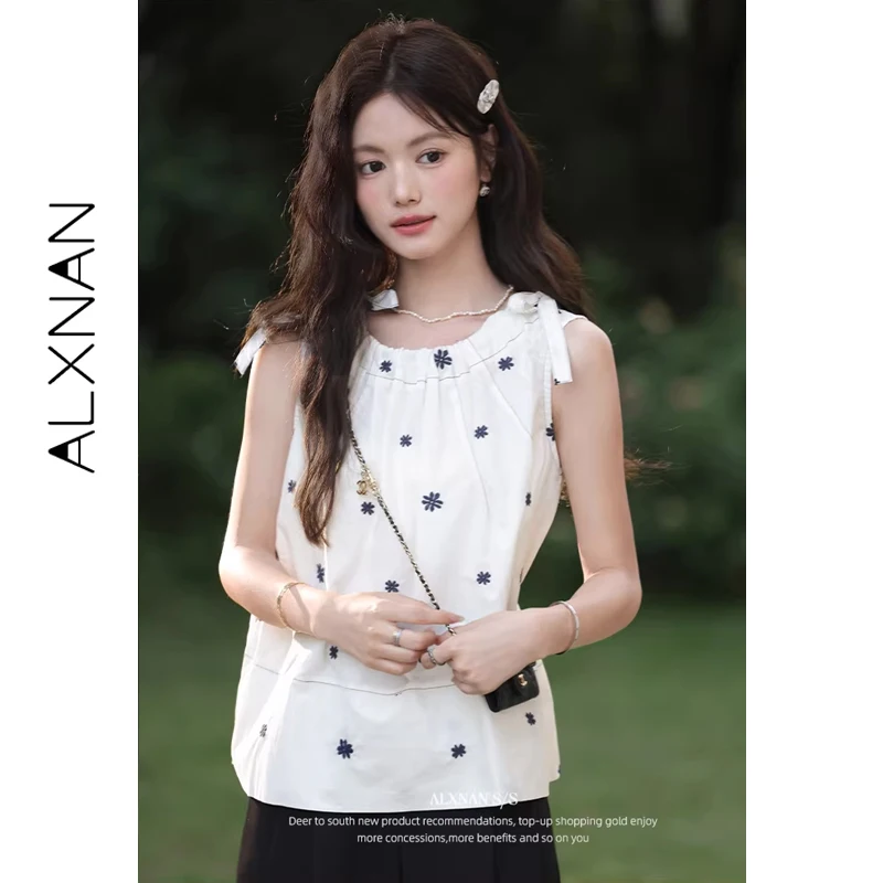 

ALXNAN Women's Tank Tops White Elegant Embroidery Round Neck Casual Camisole 2026 Summer Loose-fit Sleeveless Tops Ladies L55990