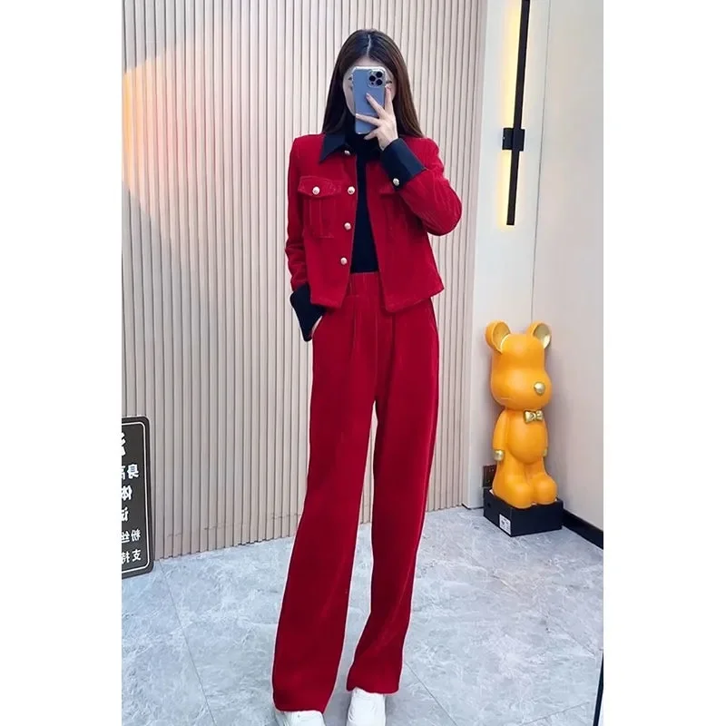 Fashion Suit Women\'s Autumn And Winter High-End Spliced Corduroy Short Coat Wide-Leg Pants Two-Piece Suit 2023 Spring Sets Femal