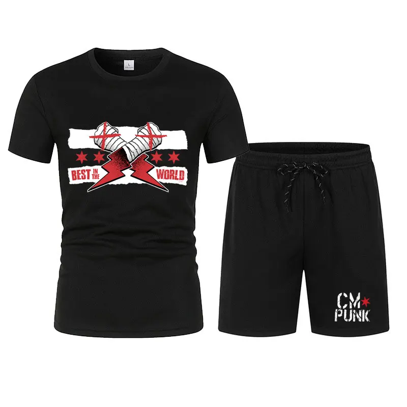 Men's Black Return of CM Punk T-Shirt Shorts Set Summer Short Sleeve Man Overiszed Suits 2024 New Fashion Clothing Sets