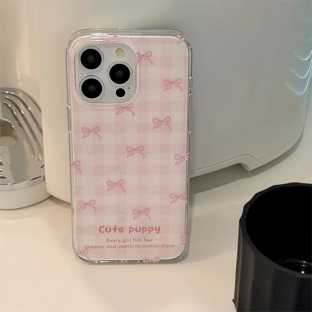 Korean Style Double Layer Printed Pink Plaid Bow Phone Case for IPhone15 14 12 13  Pro ProMax Plus  Shockproof Phone Cover