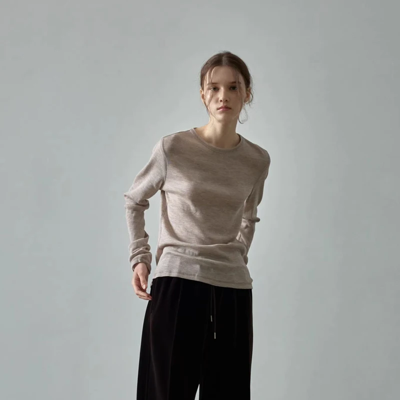 

Korean Sle FP Autumn Winter Classic Simple Slim Fit round Ne Wool Knitted Base irt Top Women's Commute Pure Color Long ...