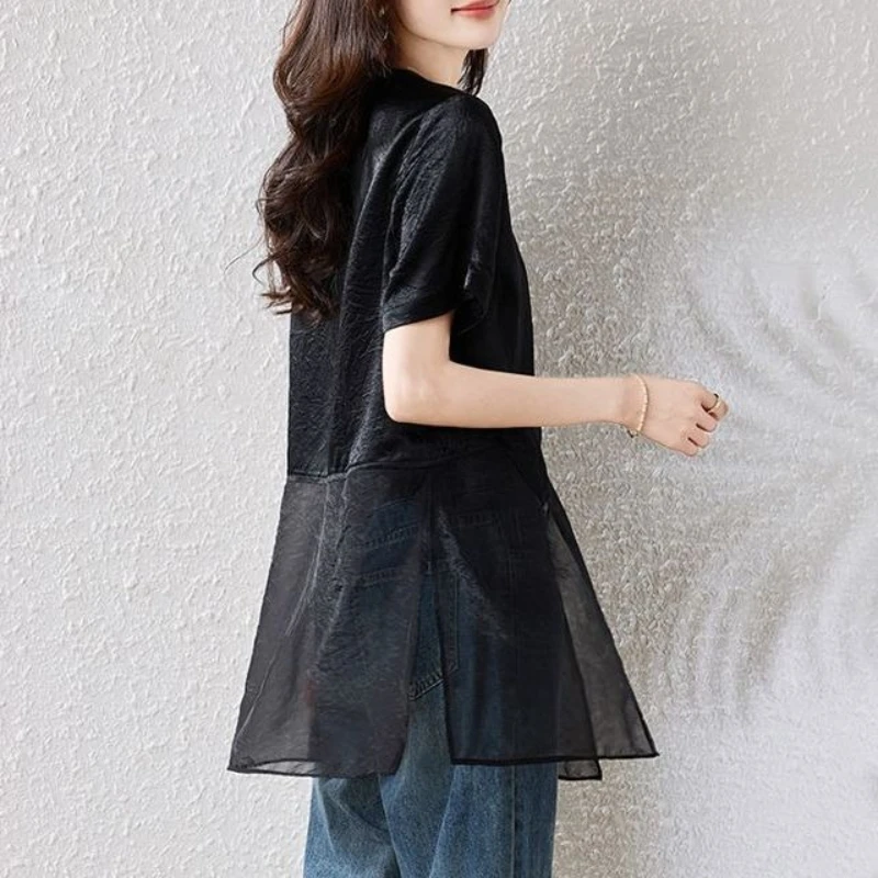 

​ Женская повседневная рубашка: модная, легкая, роскошная, летняя, с коротким рукавом, новинка, с сетчатыми вставками, средней длины, свободного кроя ​