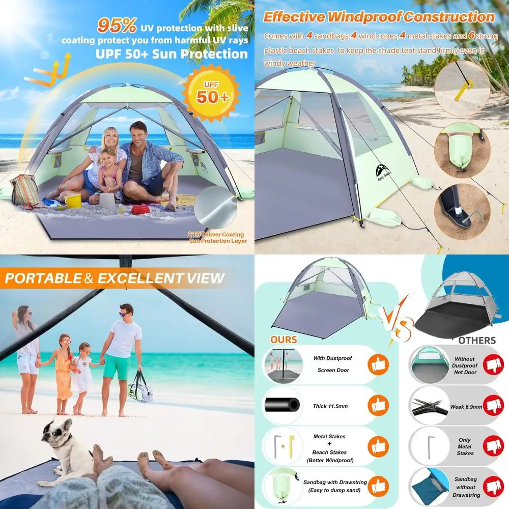 

Portable Family Beach Tent with 50+ UPF Sun Protection, Ventilated Mesh Windows, Suitable for 3-8 People