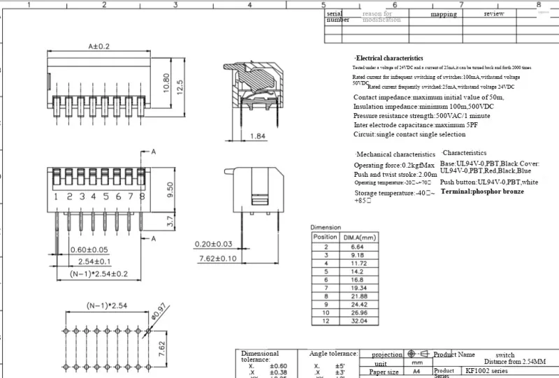 10 Stück DIP-Schalter im Klavierdesign, 2,54 mm Rastermaß, seitliche Bedienung, 2P 1/2/3/4/5/6/8 Positionen, Durchsteckmontage, Rot/Blau erhältlich – Detail 3