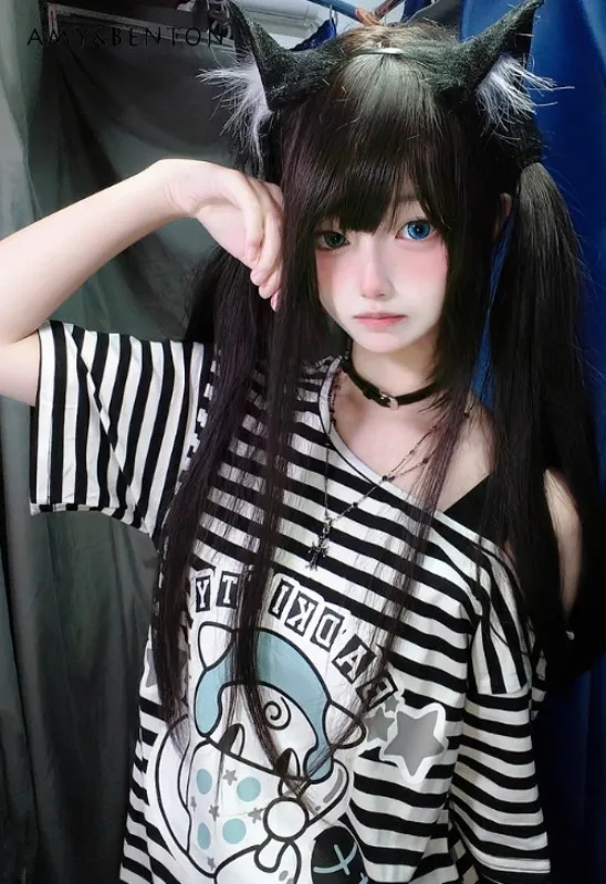 

2025 Summer New Off-Shoulder T-Shirt Cute Japanese Style Loose Black and White Striped Cotton Short Sleeve Top