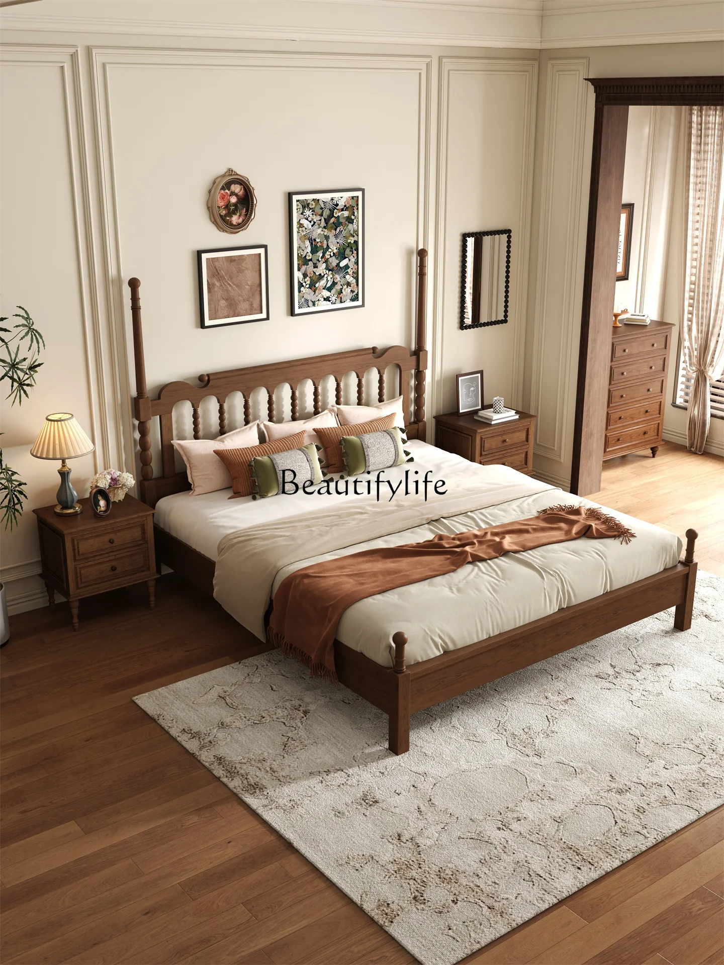 

American solid wood bed French retro medieval ash wood walnut custom bed