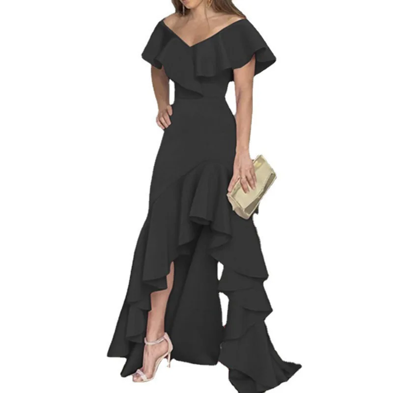 2023 Sexy V Neck Ruffles Party Dress Femme Elegant Summer Fashion Solid Sleeveless Slim Irregular Maxi Dresses For Women Robe