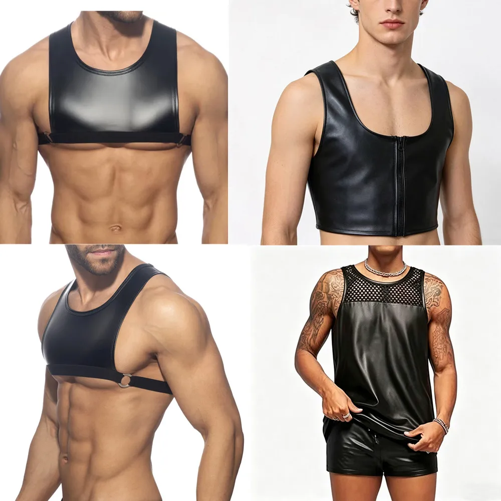 Mens Matte PU Leather Tank Tops Sexy Sleeveless Fitness Bodybuilding Mini Vest Male Nightclub Rave Stage Crop Top Undershirt