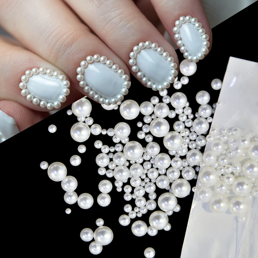 1 worek Półokrągłych/Okrągłych Perłowych Ozdób do Paznokci Vintage Eleganckie Błyszczące Perły Płaskie Ozdoby do Paznokci Białe/Beżowe Koraliki Części do Manicure