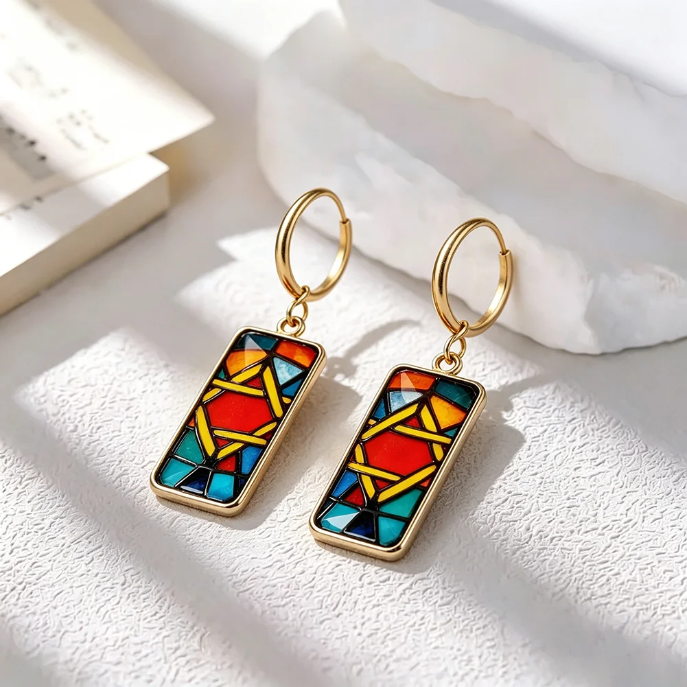 Jewish Star of David Earrings Art Deco Themed Mosaic Vibrant Coloful Glass Hook Statement Earrings Geometic Design Gift Jewelry