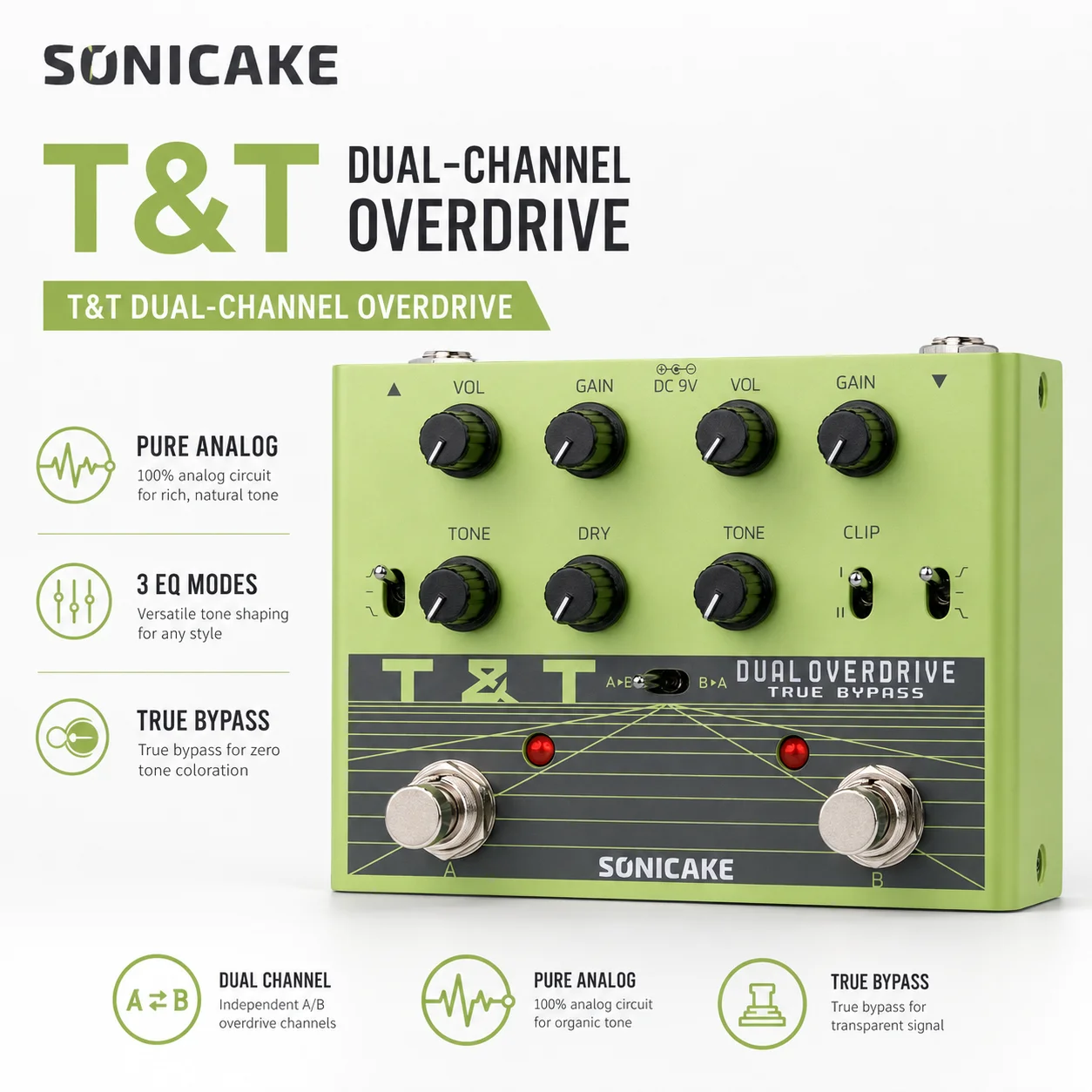 SONICAKE T&T Dual-Channel Overdrive Guitar Pedal Pure Analog 3 EQ Modes True Bypass QDS-07