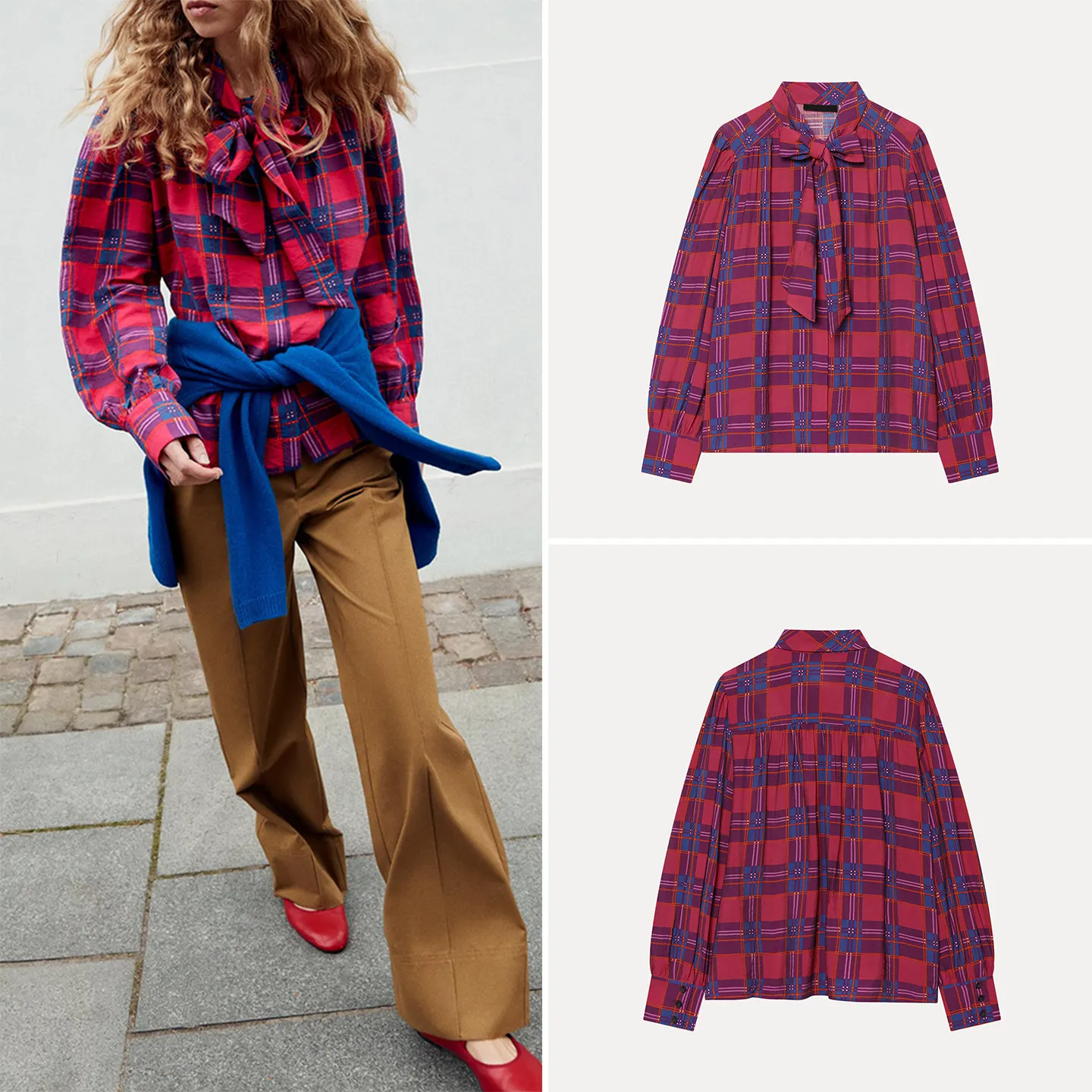 Women's Casual Style Long Sleeve Shirt Stand Collar  Knot Plaid Loose Fit Autumn Fashion 2026 ZADATA Chinese Origin