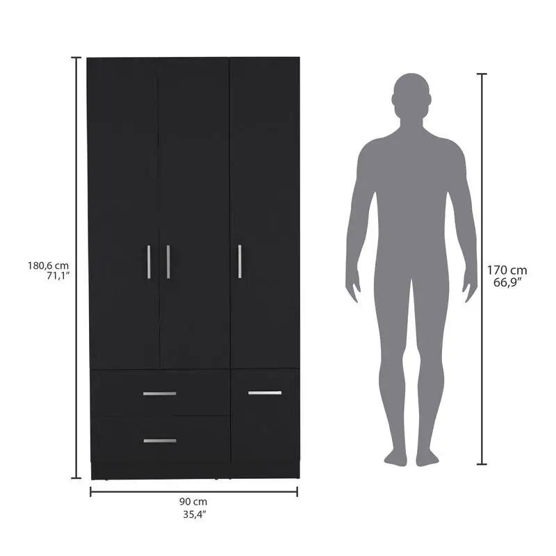 Armario de 71" de alto con 2 cajones, 4 puertas, 3 gabinetes, 6 estantes y barra colgante para almacenamiento de ropa de dormitorio
