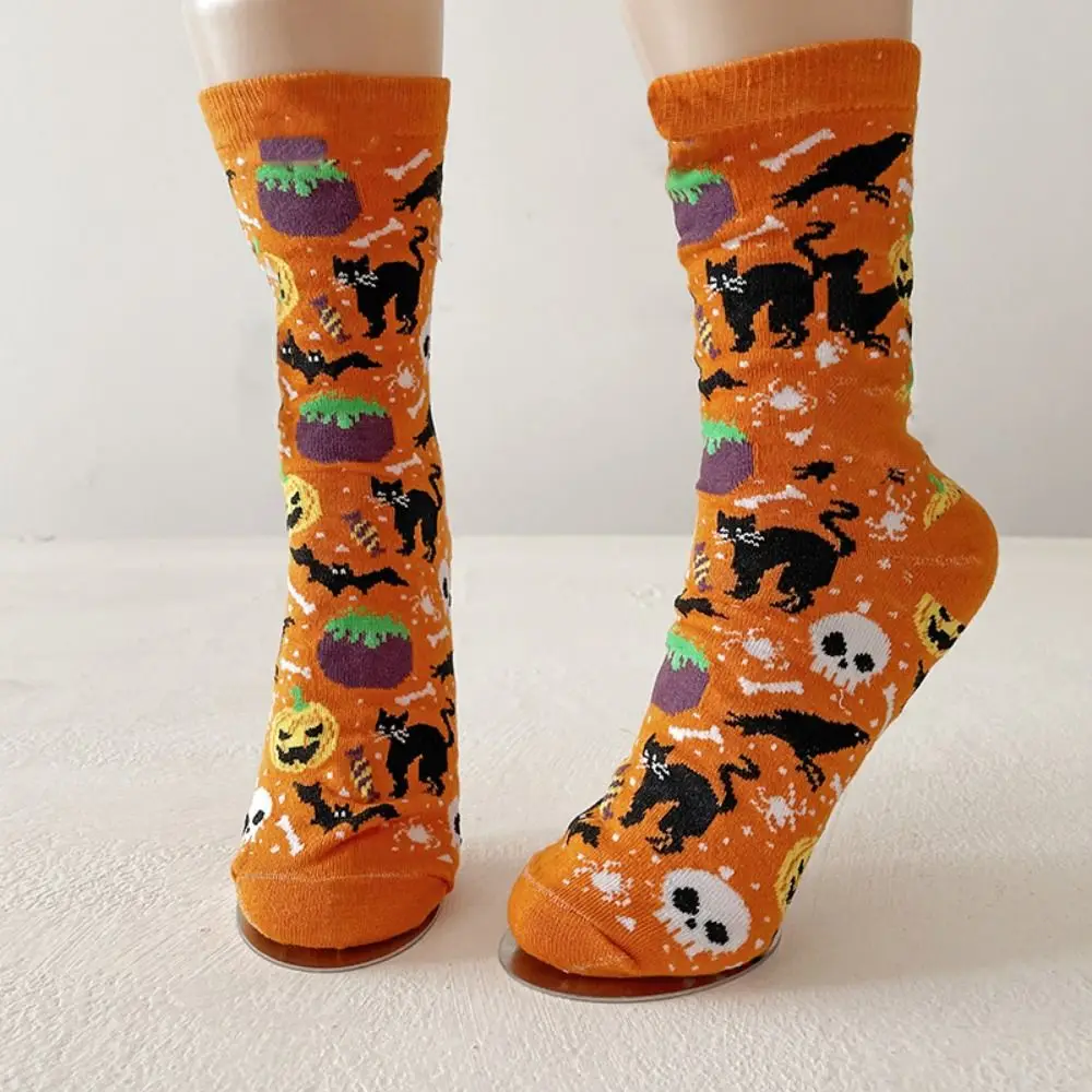 4Pairs Breathable Cartoon Halloween Skull Socks Bat Cat Pumpkin Tube Sock Anti-slip Women Men Mid-Calf Sock Friends