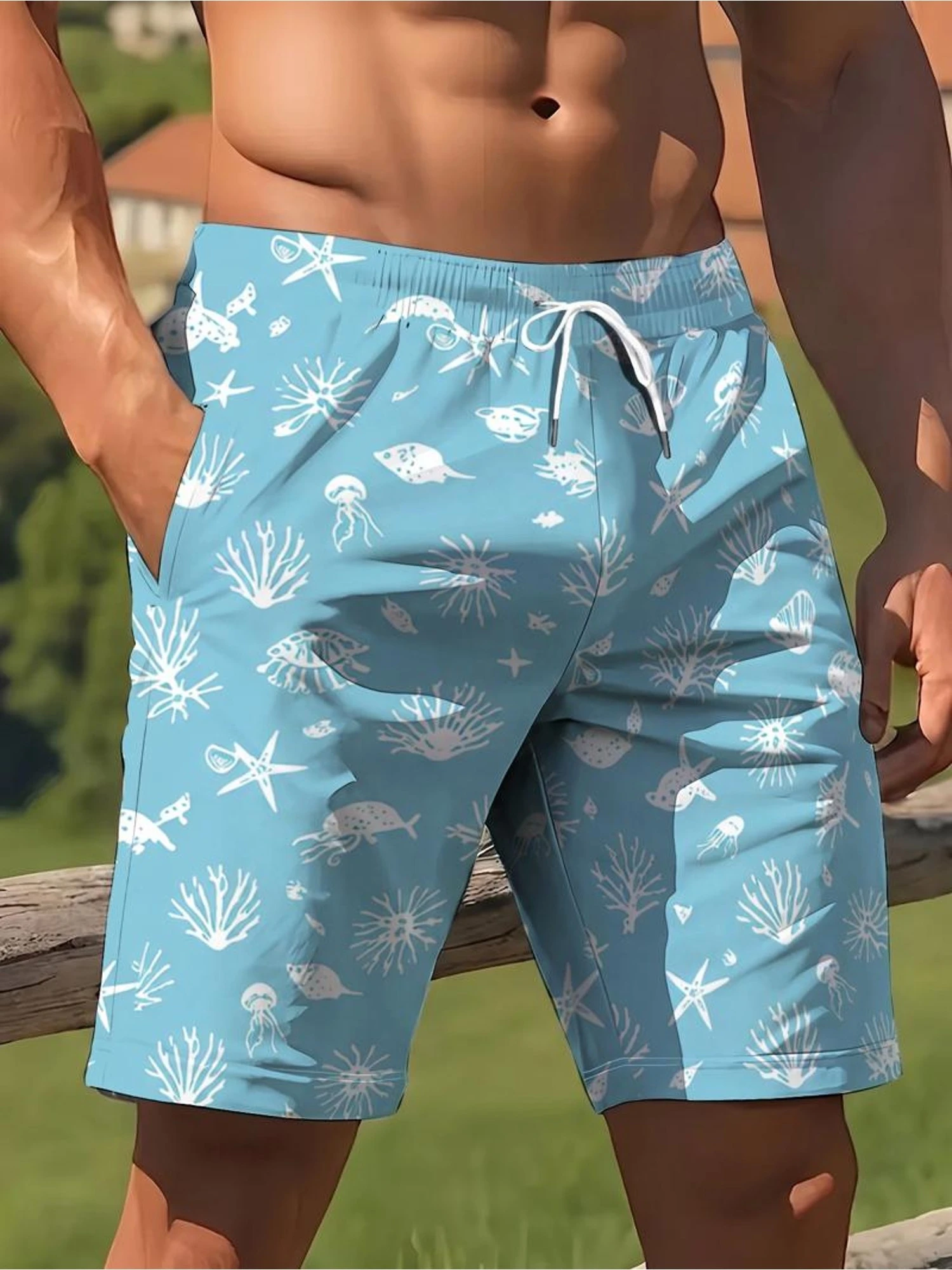 Summer Printed Beach Pants Starfish Shells Ocean Elements Lightweight Quick Drying Shorts Versatile for Vacation and Leisure