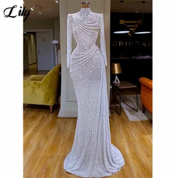 Lily White Evening Dress Glitter Sequined Mermaid Party Dress High Neck Ruched Prom Dress Slim Fit Long Sleeves Robe De Soirée