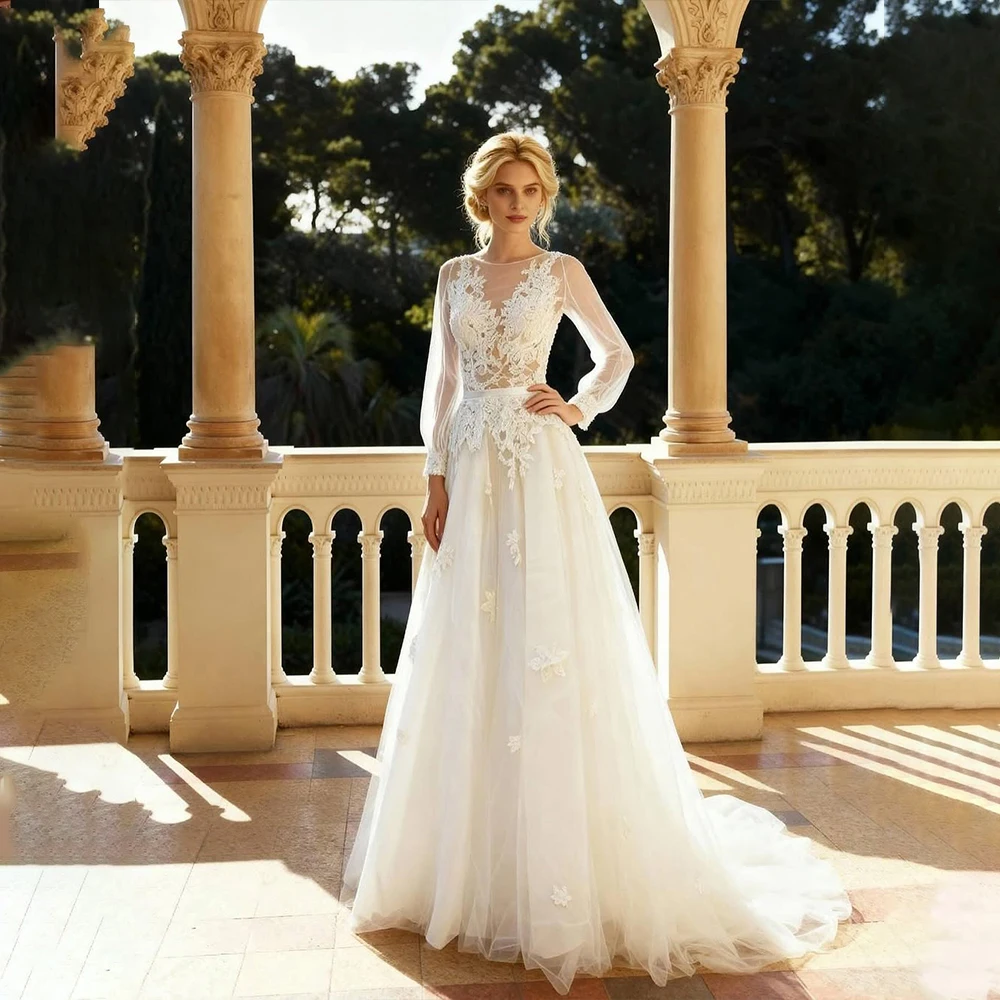 

Elegant Weddings Dresses with O Neck Long Sleeves A Line Appliques Tulle Bride Dress for Women Garden Bridal Gown Customized